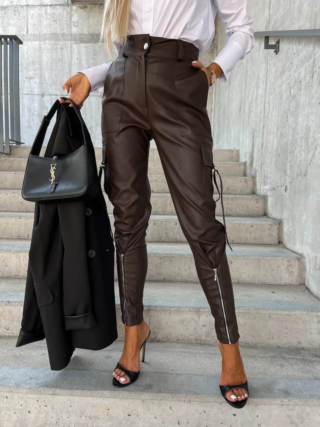 Pantalon slim en cuir PU avec poches, mode automne-hiver - Droxev