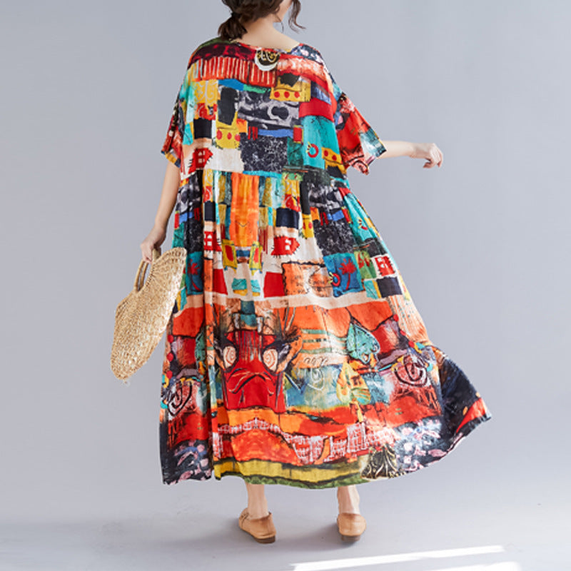 Robe rétro en coton et lin au-dessus du genou, style littéraire printanier