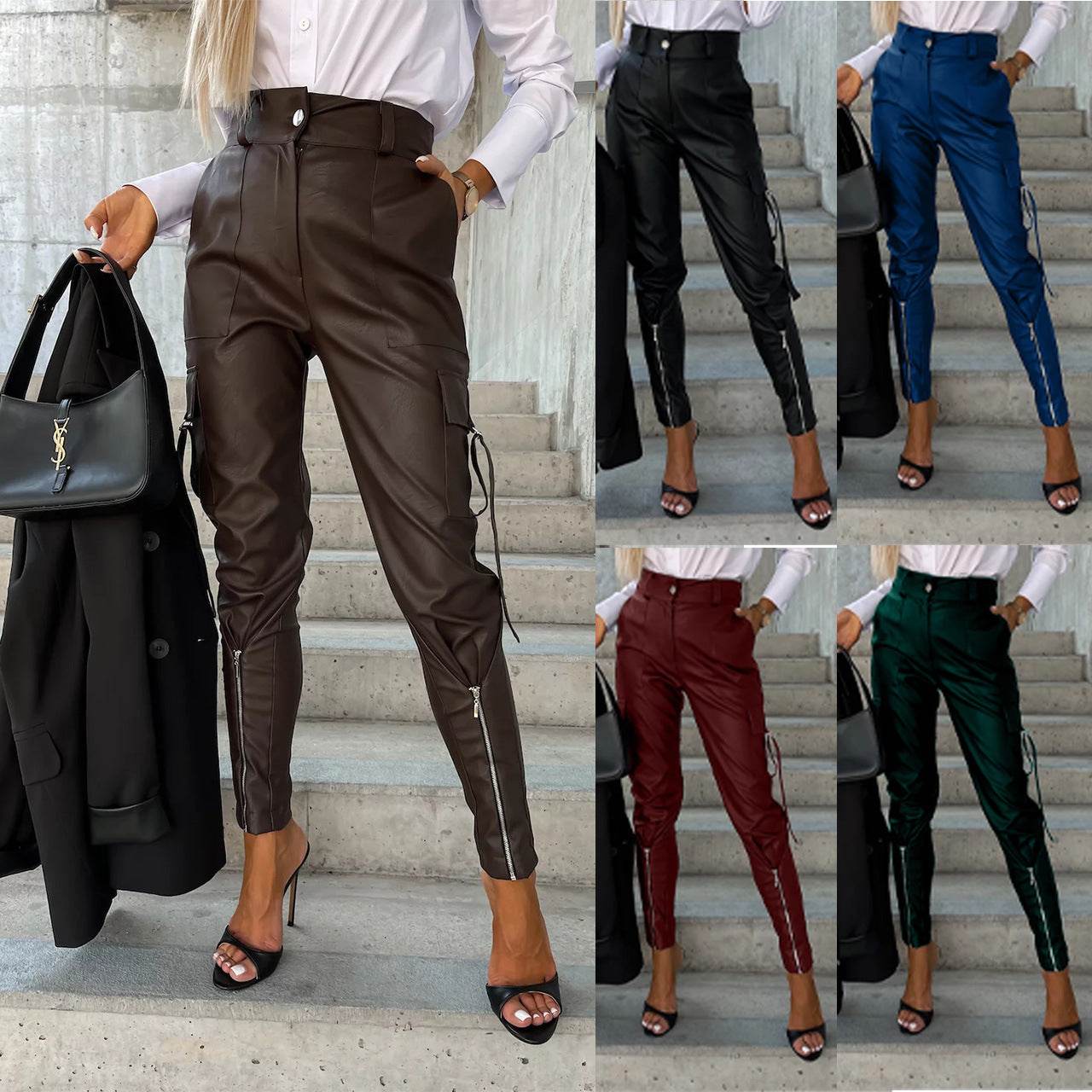 Pantalon slim en cuir PU avec poches, mode automne-hiver - Droxev