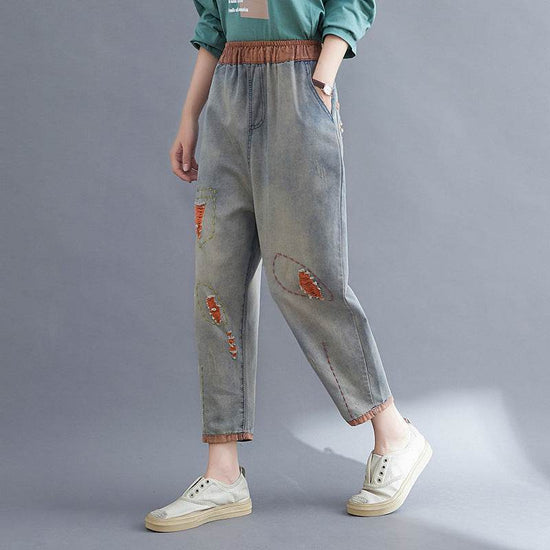 Pantalon sarouel en denim à trous contrastés pour femme - Droxev