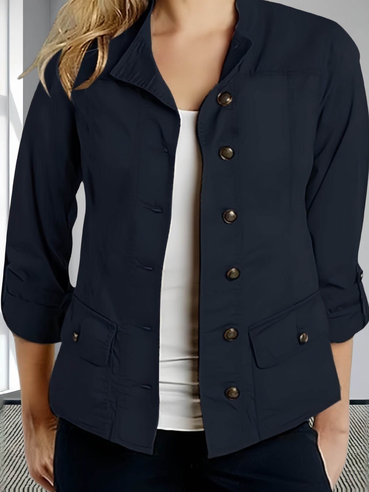 Veste décontractée à simple boutonnage et manches retroussables de couleur unie - Droxev