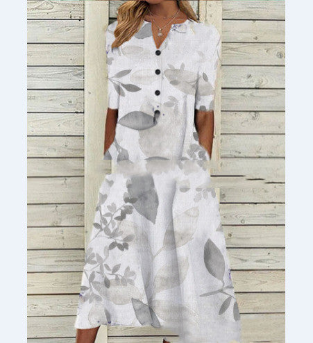 Robe longue décontractée ample à col en V et poches imprimées pour femme