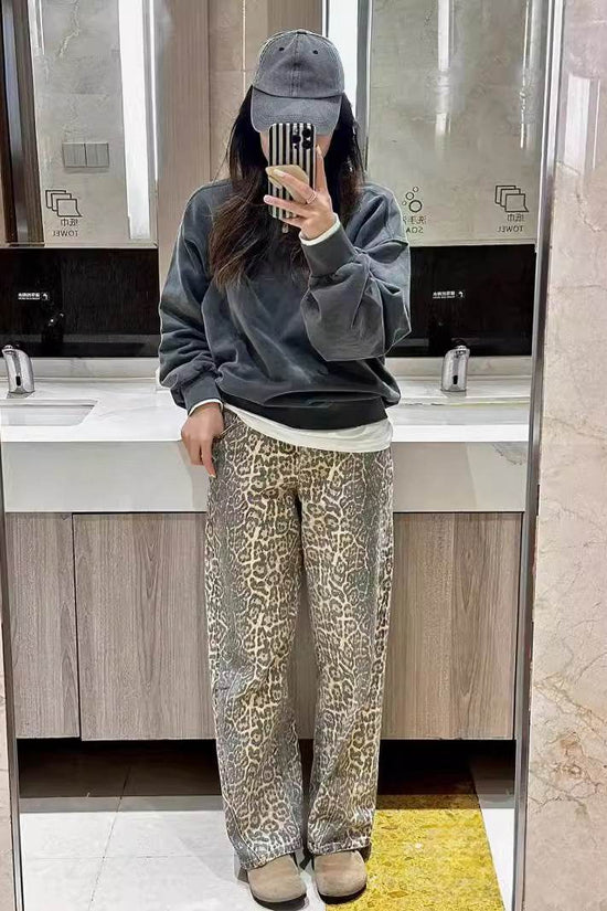 Pantalon large en denim imprimé délavé et vieilli pour femme - Droxev