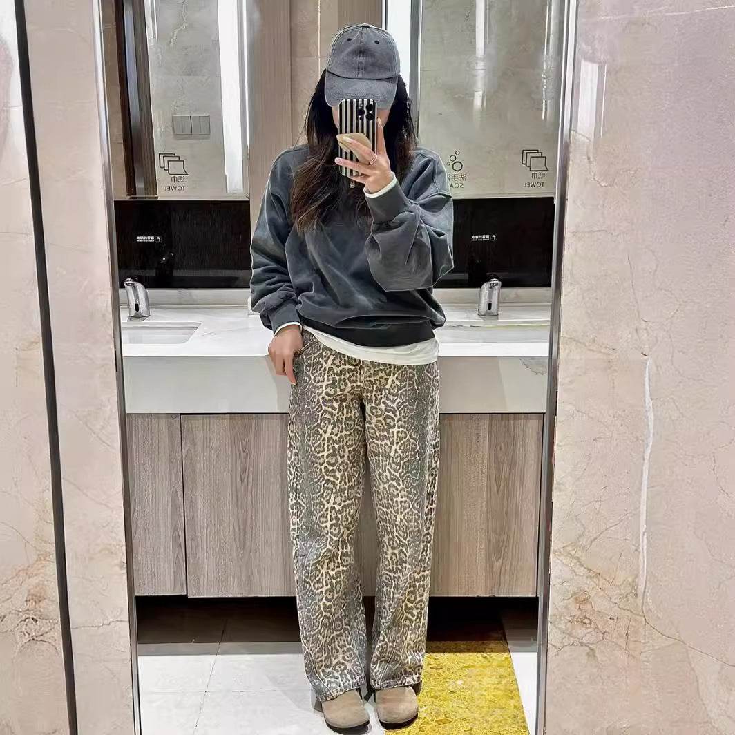 Pantalon large en denim imprimé délavé et vieilli pour femme - Droxev