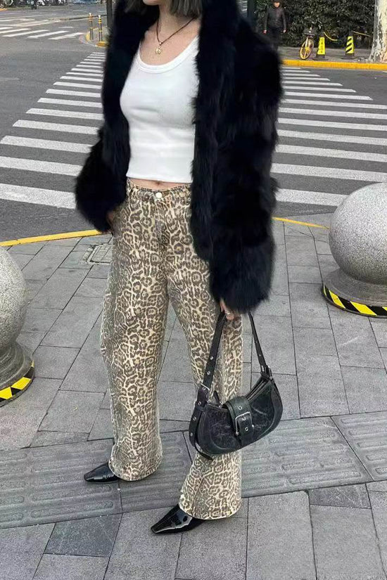 Pantalon large en denim imprimé délavé et vieilli pour femme - Droxev