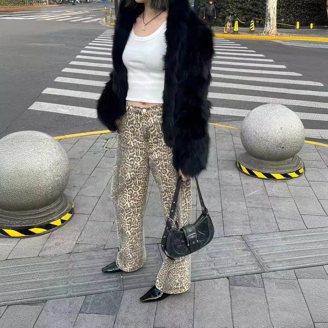 Pantalon large en denim imprimé délavé et vieilli pour femme - Droxev