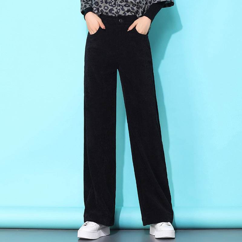 Pantalon ample décontracté en velours côtelé taille haute à jambes larges - Droxev
