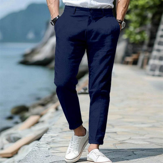 Pantalon d'été en lin pour homme, coupe droite, boutonné sur le devant, poches obliques - Droxev