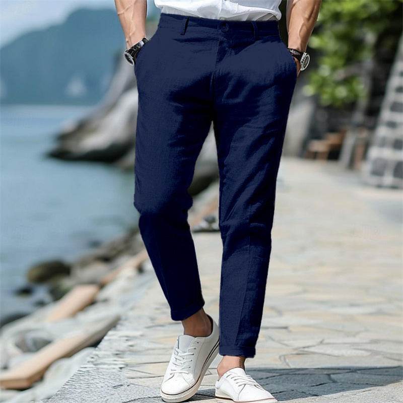 Pantalon d'été en lin pour homme, coupe droite, boutonné sur le devant, poches obliques - Droxev