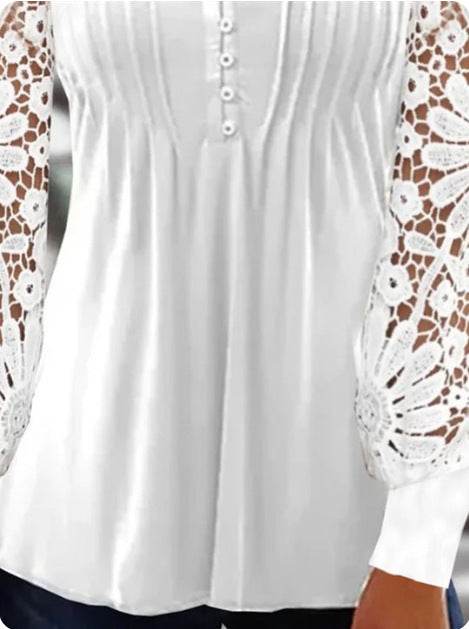 T-shirt court Slim à manches longues et col en V en dentelle de printemps - Droxev