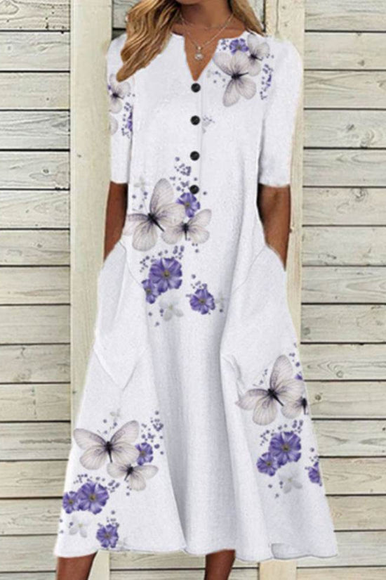 Robe longue décontractée ample à col en V et poches imprimées pour femme - Droxev
