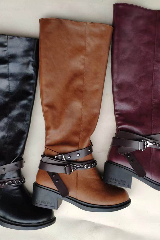 Bottes à boucle de ceinture Bottes pour femmes Talon épais Talon moyen Grand - Droxev