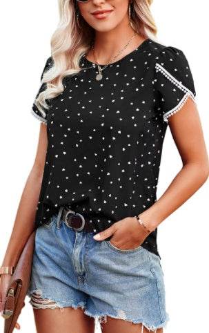 T-shirt à manches courtes et à pois en dentelle - Droxev
