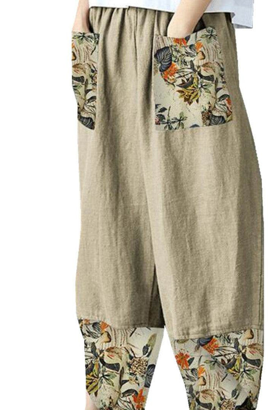 Pantalon court ample décontracté en coton et lin à taille élastique pour femme - Droxev