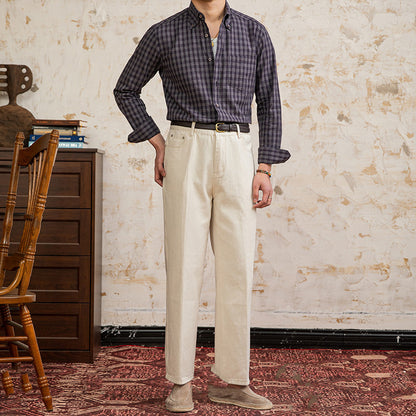 Chemise Vintage à Carreaux en Coton et Lin à Manches Longues pour Homme
