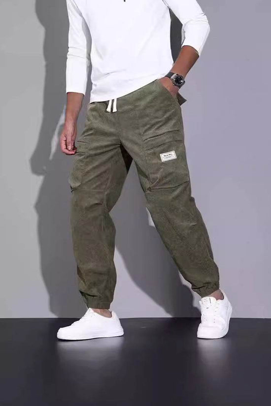 Salopette en velours côtelé pour homme, pantalon ample décontracté à nouer à la cheville, multi-poches - Droxev