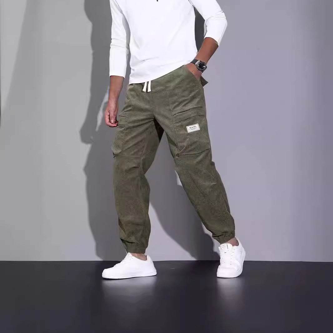 Salopette en velours côtelé pour homme, pantalon ample décontracté à nouer à la cheville, multi-poches - Droxev