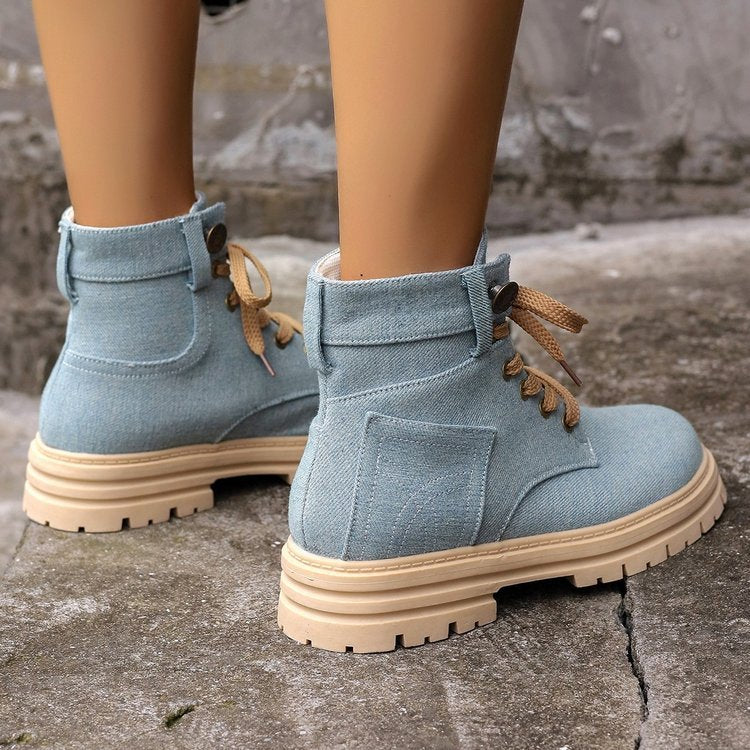Bottines en jean à lacets pour femmes, bottes de cowboy à plateforme, décontractées, à bout rond, pour l'automne et l'hiver