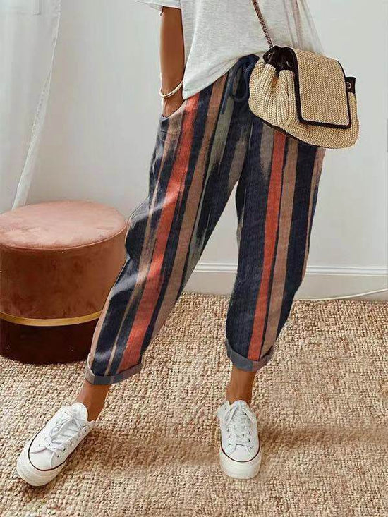 Pantalon court décontracté en coton et lin à taille élastique pour femme - Droxev