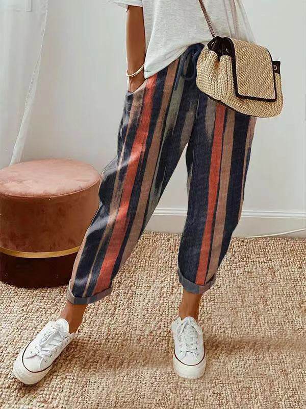 Pantalon court décontracté en coton et lin à taille élastique pour femme - Droxev