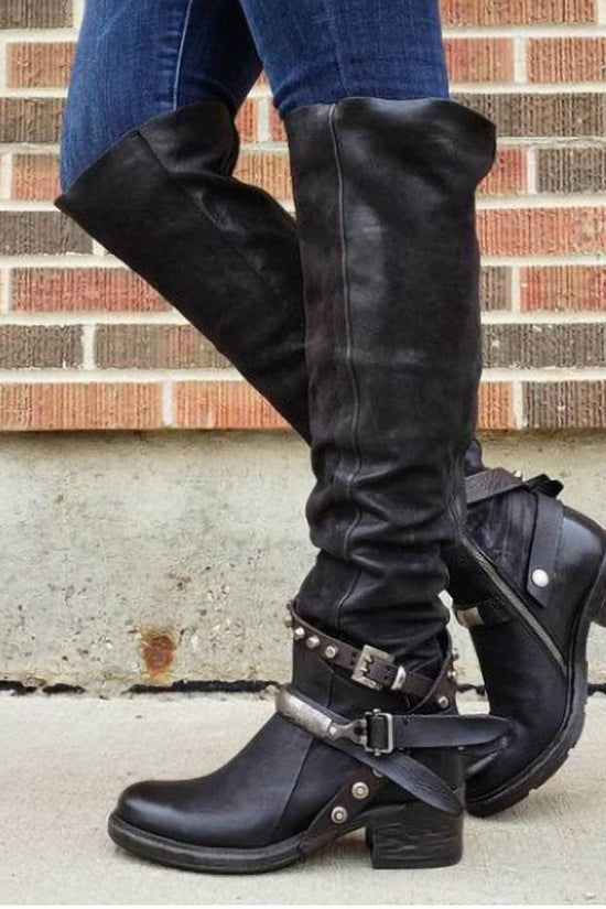 Bottes à boucle de ceinture Bottes pour femmes Talon épais Talon moyen Grand - Droxev