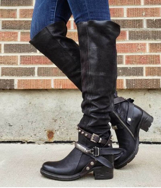 Bottes à boucle de ceinture Bottes pour femmes Talon épais Talon moyen Grand - Droxev