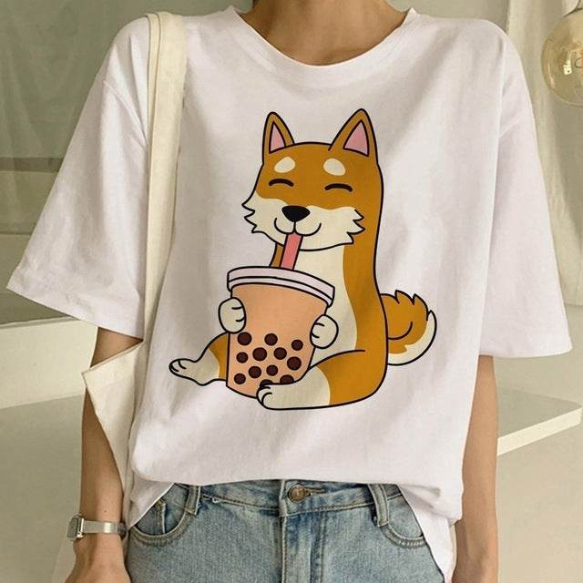 T-shirt col rond femme motif chien Shiba Inu - Droxev