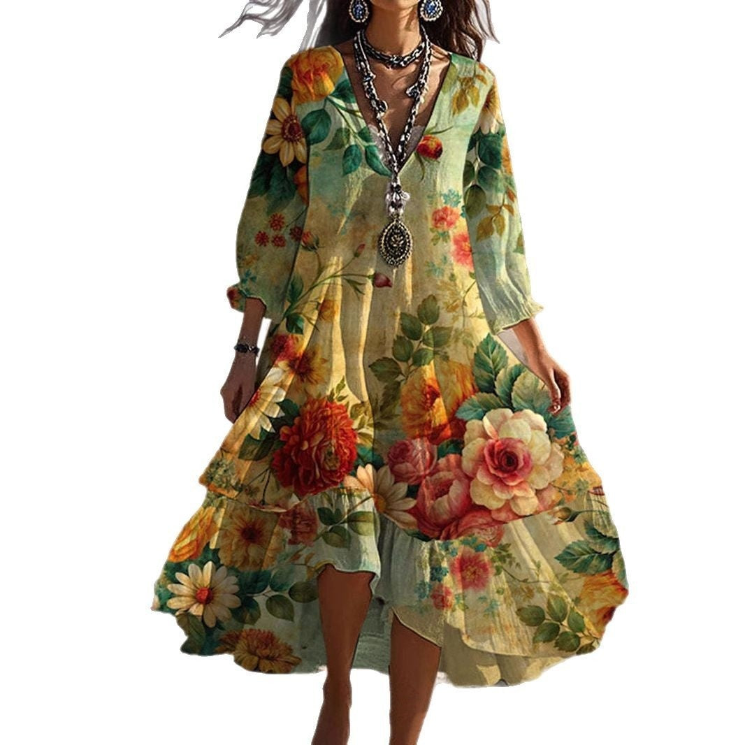 Robe mi-longue à imprimé floral et col en V