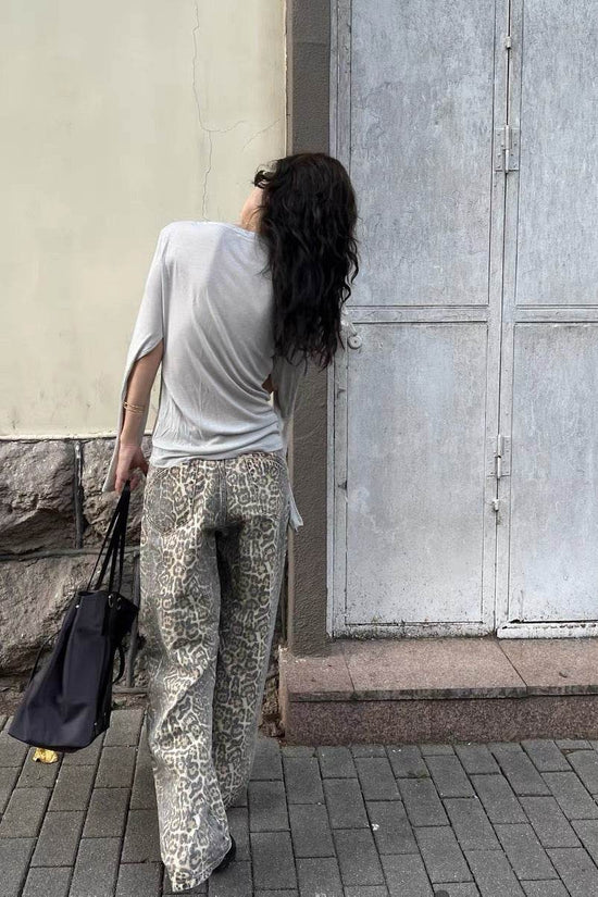 Pantalon large en denim imprimé délavé et vieilli pour femme - Droxev
