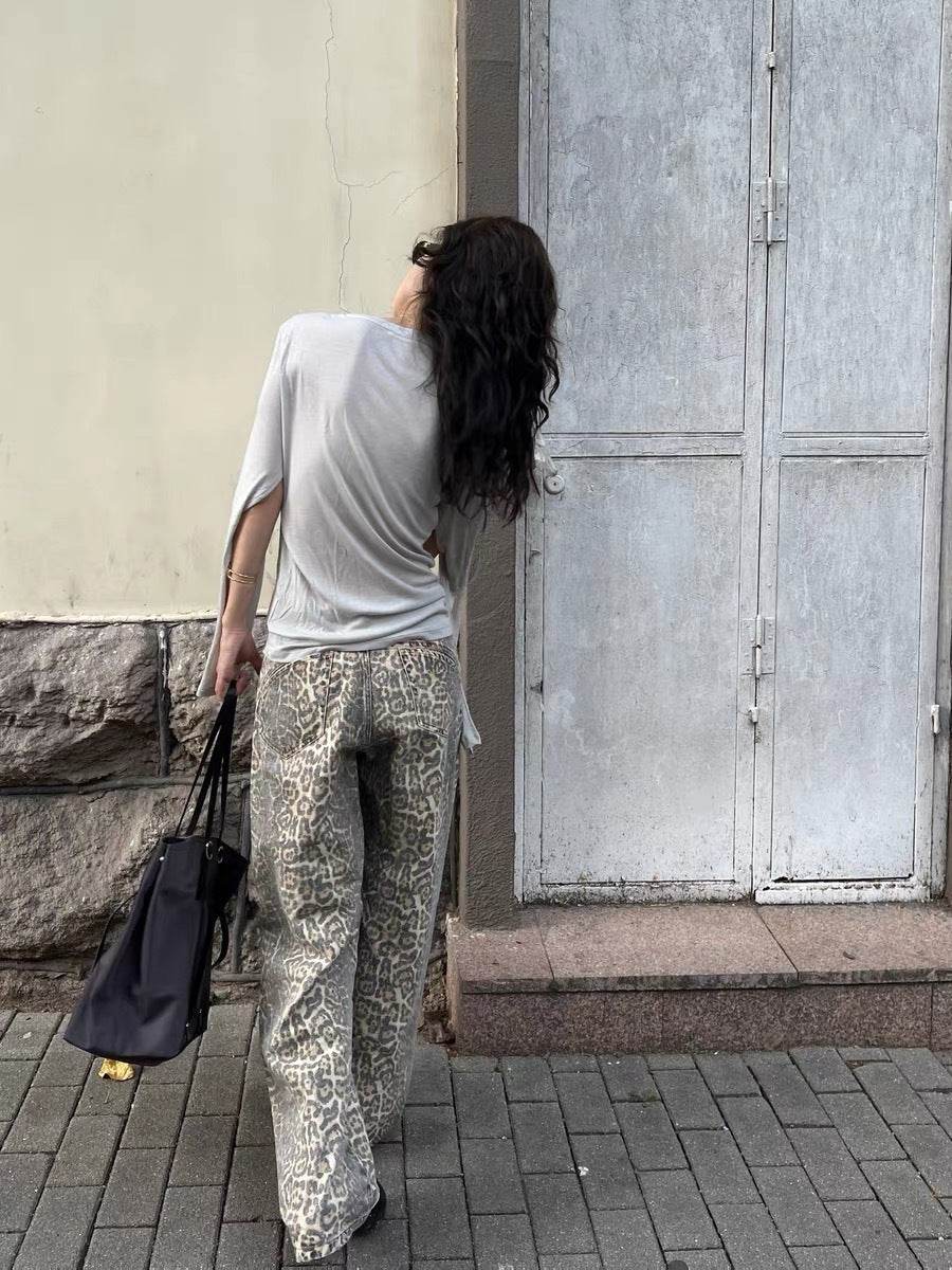 Pantalon large en denim imprimé délavé et vieilli pour femme - Droxev
