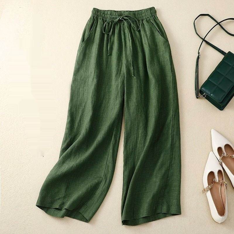 Pantalon large court rétro en coton et lin pour femme - Droxev