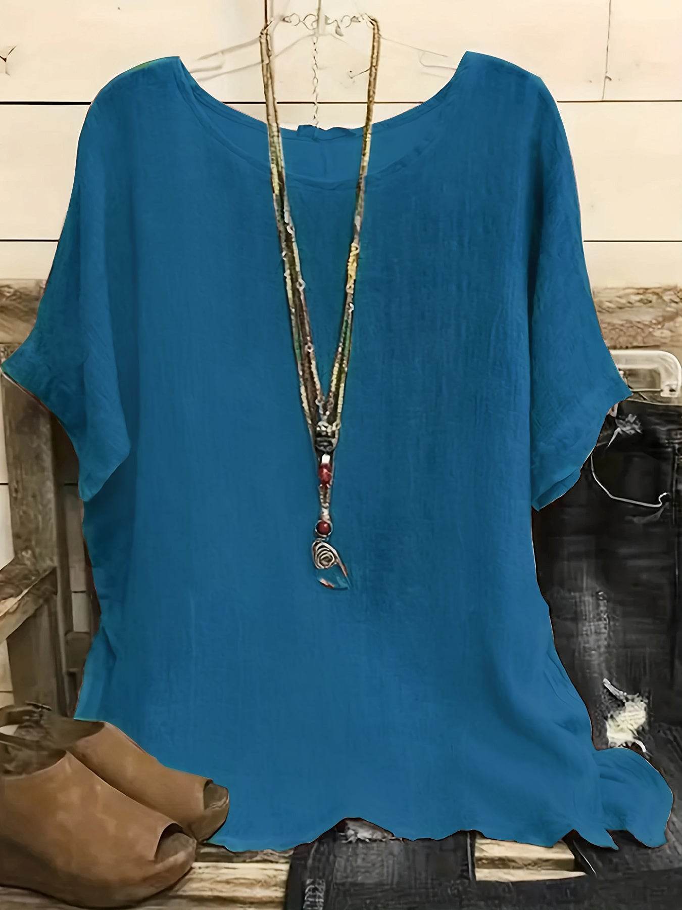 Chemises décontractées à manches 3/4 et col rond pour femmes, couleur unie, hauts amples d'été, streetwear - Droxev