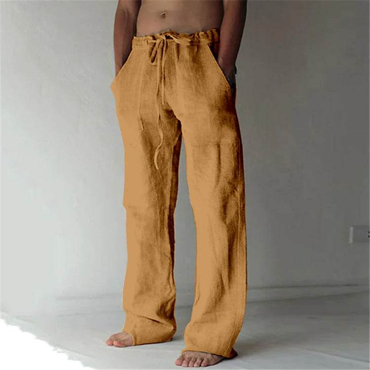 Pantalon décontracté ample en coton et lin de couleur unie avec cordon de serrage - Droxev