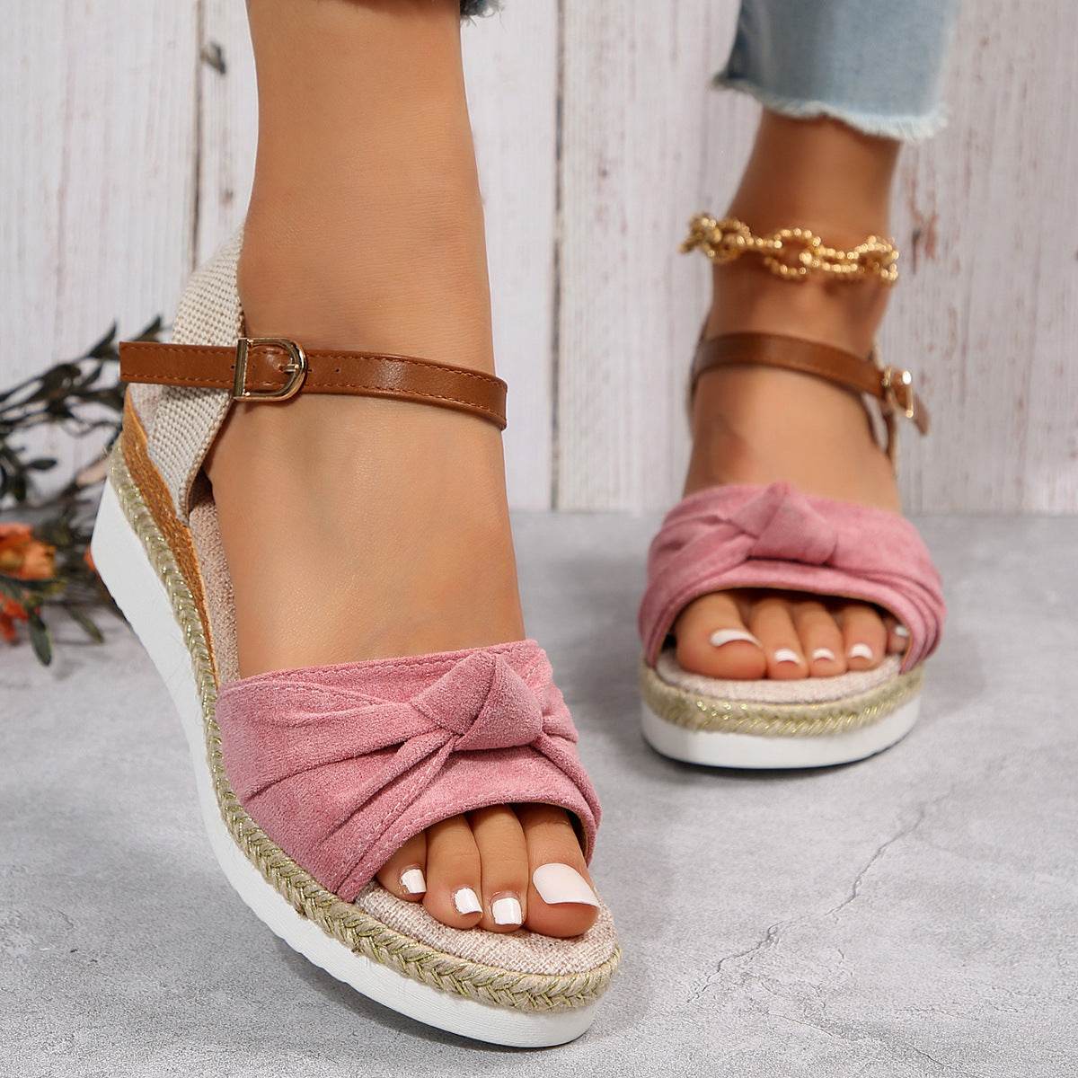 Chaussures compensées décontractées en lin à boucle pour femmes, tendance été - Droxev