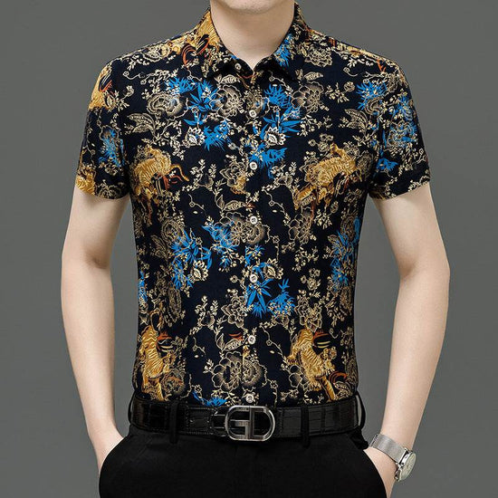 Chemise d'été imprimée à manches courtes pour homme d'âge moyen, en soie glacée extensible, pour loisirs - Droxev