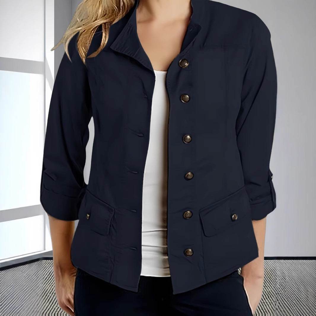 Veste décontractée à simple boutonnage et manches retroussables de couleur unie - Droxev