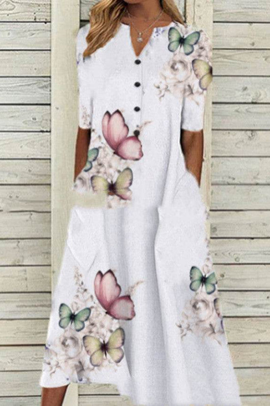 Robe longue décontractée ample à col en V et poches imprimées pour femme - Droxev
