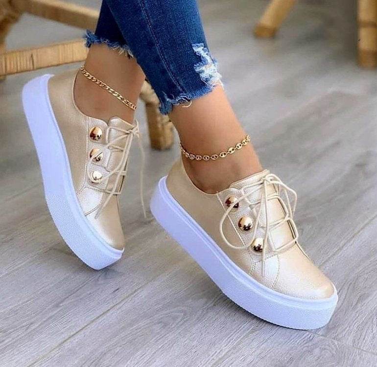 Baskets plates à lacets pour femmes, chaussures décontractées à rivets - Droxev