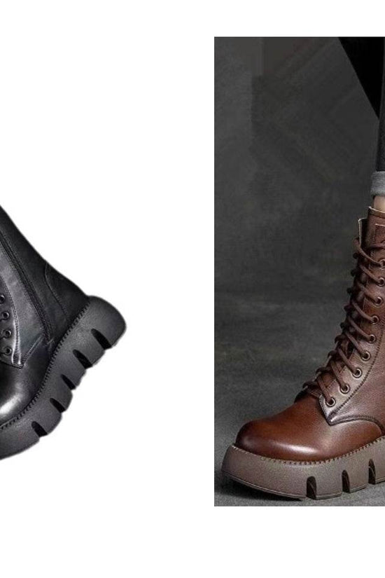 Bottes rétro pour femmes, chaussures à lacets, bottes britanniques polyvalentes à boucle montante pour l'automne et l'hiver - Droxev