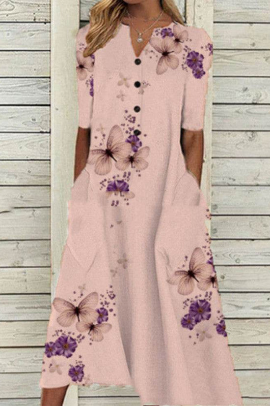 Robe longue décontractée ample à col en V et poches imprimées pour femme - Droxev
