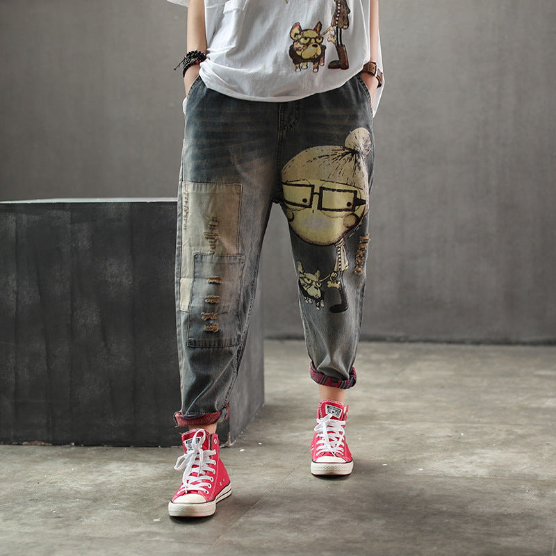 Jean imprimé vieilli pour femme Ninth Pants