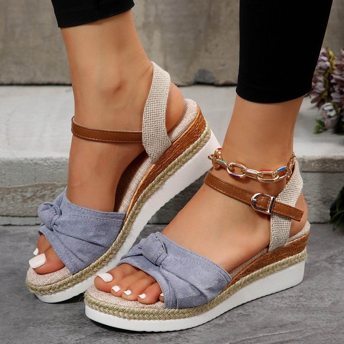 Chaussures compensées décontractées en lin à boucle pour femmes, tendance été - Droxev