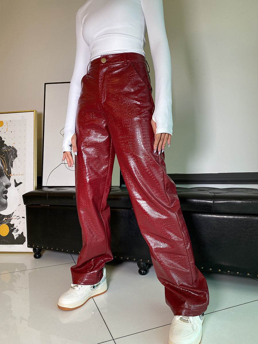 Pantalon en cuir décontracté à jambe droite pour femme - Droxev