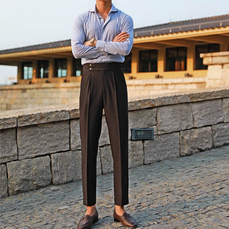 Pantalon blanc décontracté droit taille haute style rétro italien boutonné Paris - Droxev