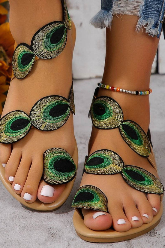 Sandales plates à motif paon brodé, chaussures de plage décontractées à clip pour femmes, pour les vacances d'été - Droxev