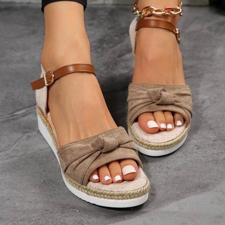 Chaussures compensées décontractées en lin à boucle pour femmes, tendance été - Droxev