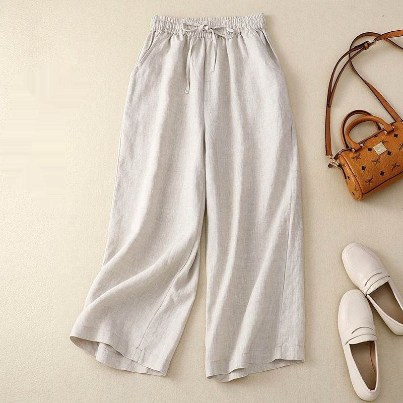 Pantalon large court rétro en coton et lin pour femme - Droxev