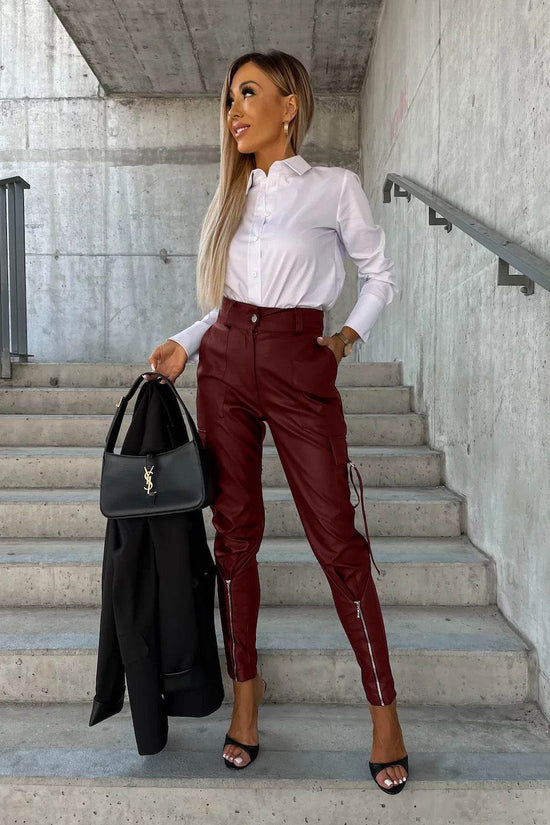 Pantalon slim en cuir PU avec poches, mode automne-hiver - Droxev
