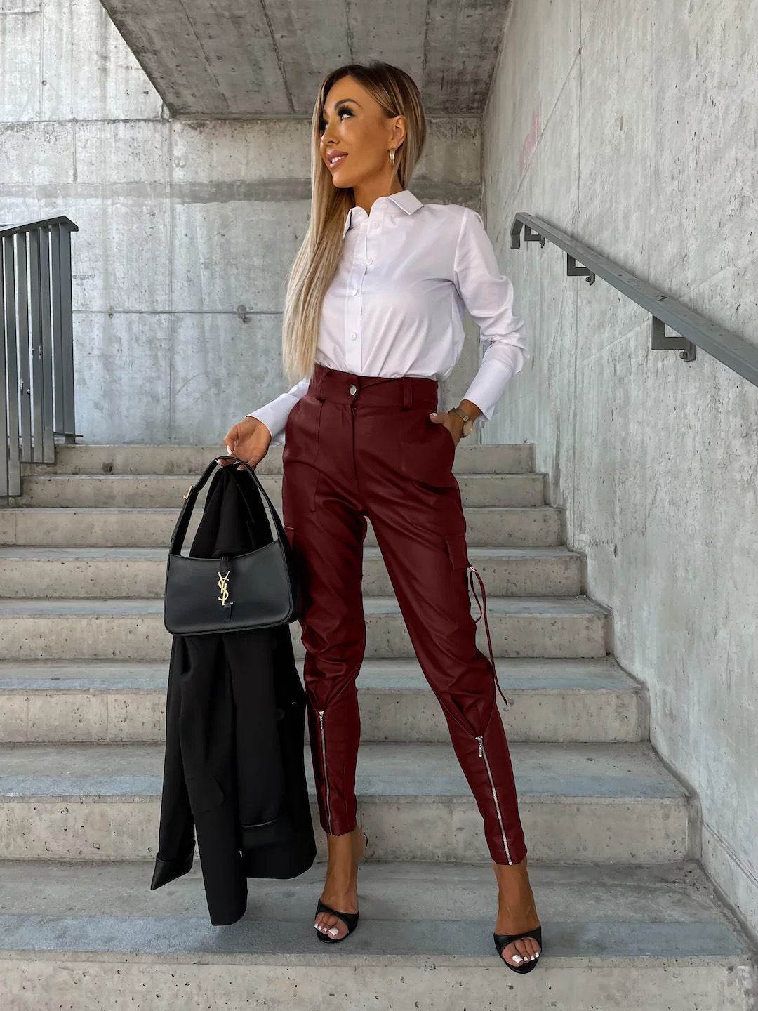 Pantalon slim en cuir PU avec poches, mode automne-hiver - Droxev