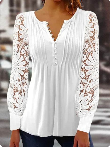 T-shirt court Slim à manches longues et col en V en dentelle de printemps - Droxev